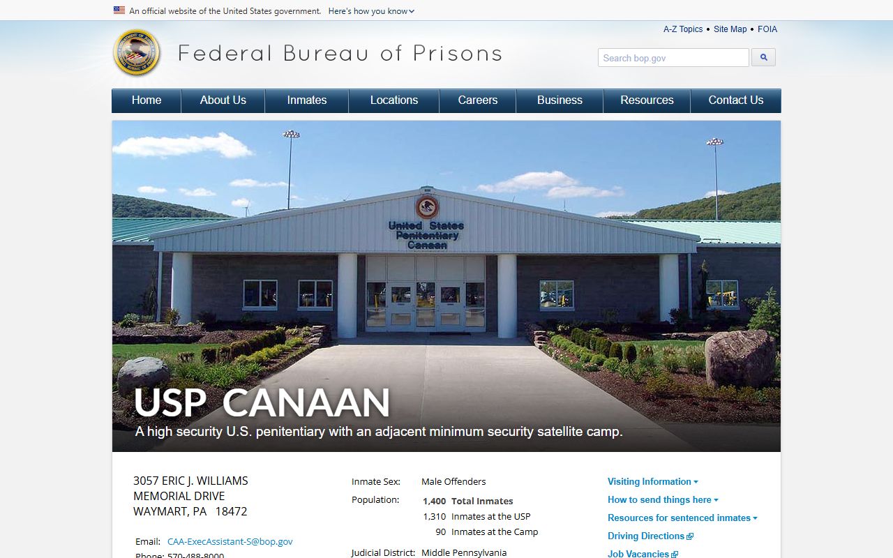 USP Canaan federal inmate search and BOP institution information